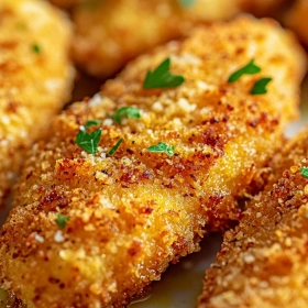 Close-up of Crispy Oven-Baked Chicken Tenders showing texture, layers, and glossy finish