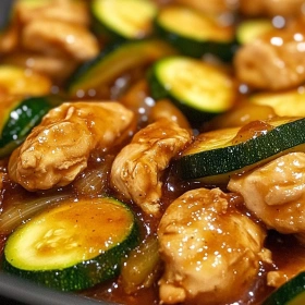 Close-up of Savory Chicken Zucchini Stir-Fry showing texture, layers, and glossy finish