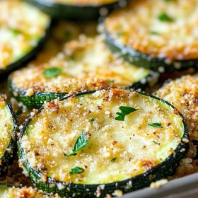 Close-up of Crispy Baked Parmesan Zucchini showing texture, layers, and glossy finish