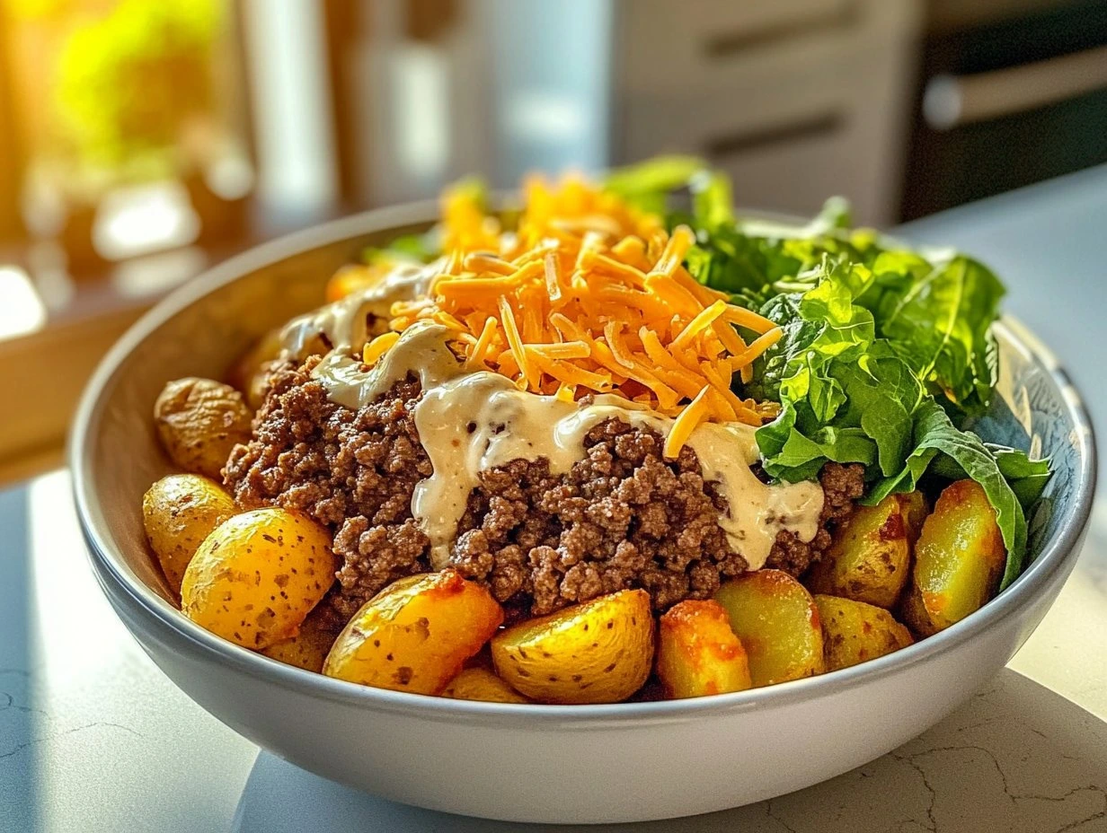 Perfectly cooked Savory Smash Burger Bowl Delight served and ready to eat - final result