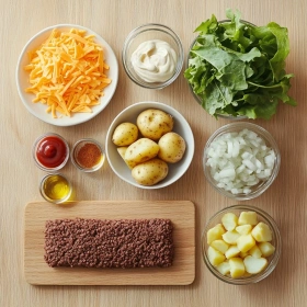 Step-by-step preparation of Savory Smash Burger Bowl Delight showing ingredients and initial cooking steps