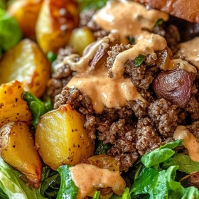 Close-up of Savory Smash Burger Bowl Delight showing texture, layers, and glossy finish