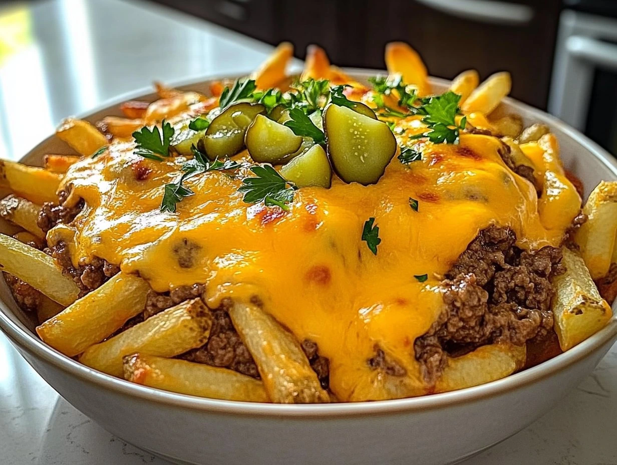 Perfectly cooked Cheeseburger Fry Casserole Delight served and ready to eat - final result