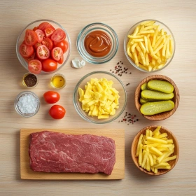 Step-by-step preparation of Cheeseburger Fry Casserole Delight showing ingredients and initial cooking steps