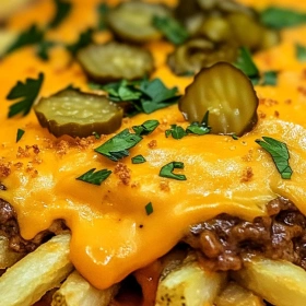 Close-up of Cheeseburger Fry Casserole Delight showing texture, layers, and glossy finish