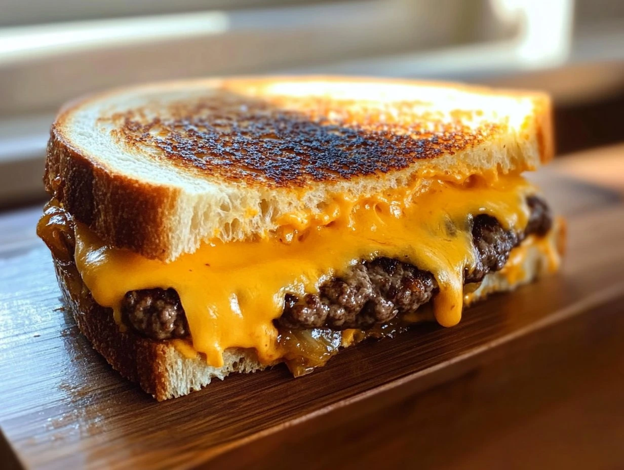 Perfectly cooked Savory Grilled Cheese Patty Melt served and ready to eat - final result
