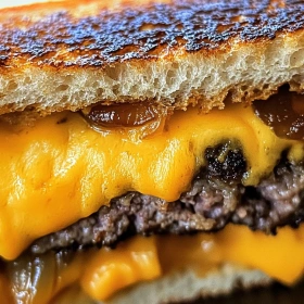 Close-up of Savory Grilled Cheese Patty Melt showing texture, layers, and glossy finish