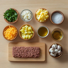 Step-by-step preparation of Cheesy Ground Beef and Potatoes showing ingredients and initial cooking steps