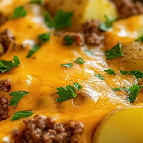 Close-up of Cheesy Ground Beef and Potatoes showing texture, layers, and glossy finish