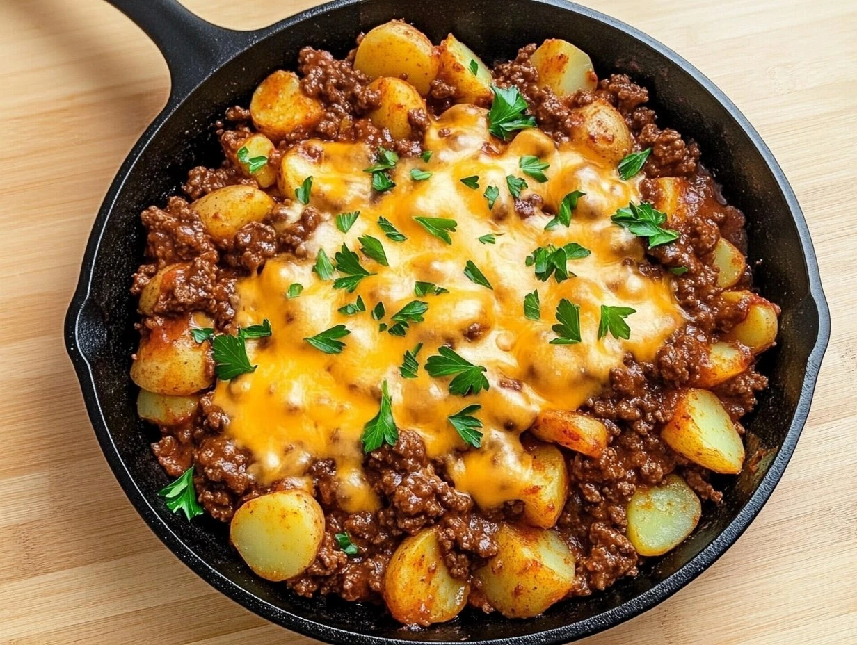 Perfectly cooked Savory Sloppy Joe Potato Skillet served and ready to eat - final result