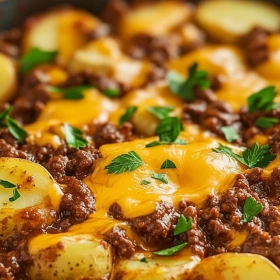 Close-up of Savory Sloppy Joe Potato Skillet showing texture, layers, and glossy finish