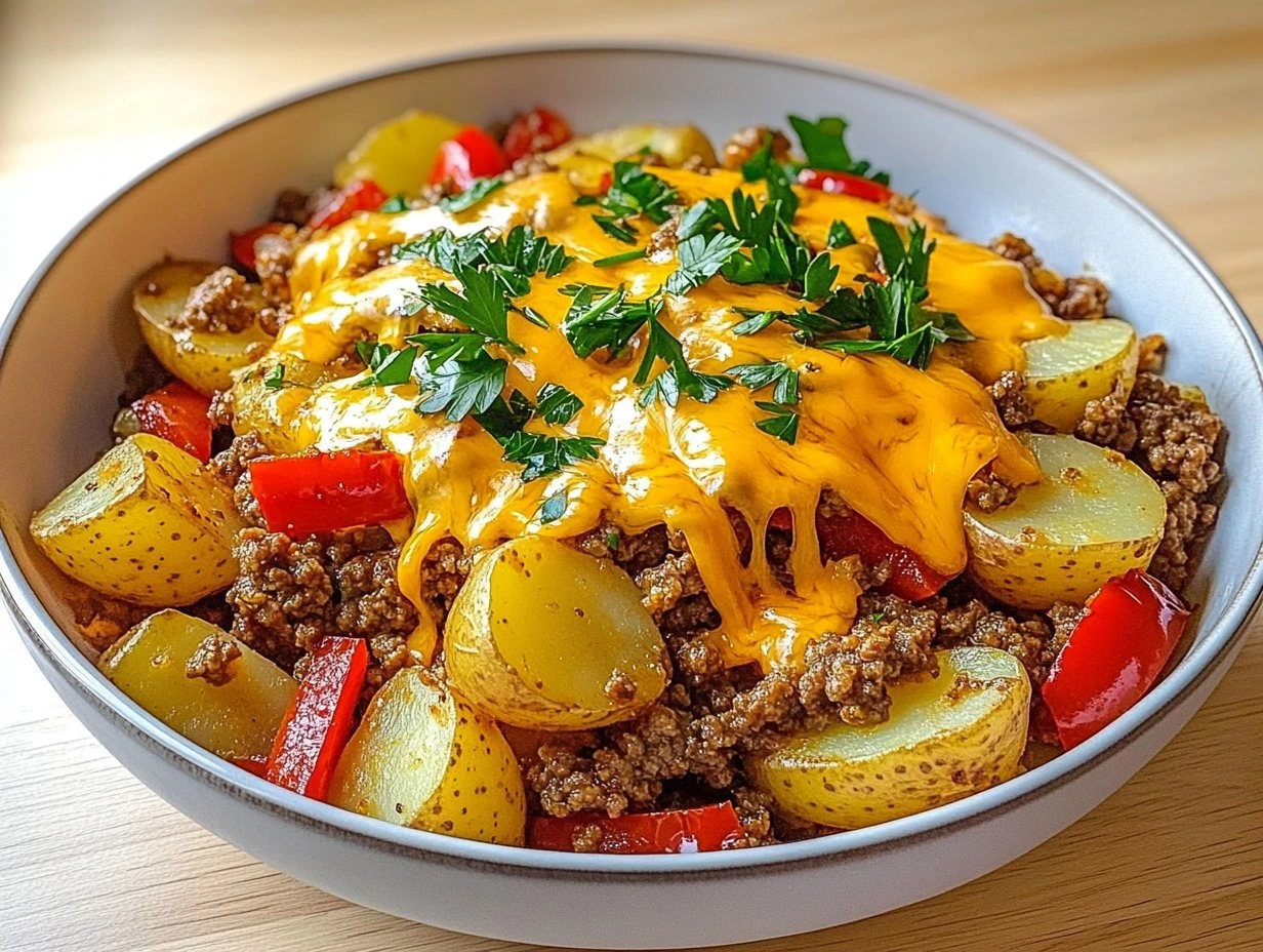 Perfectly cooked Savory Ground Beef Potato Hash served and ready to eat - final result