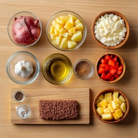 Step-by-step preparation of Savory Ground Beef Potato Hash showing ingredients and initial cooking steps