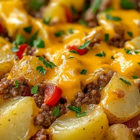 Close-up of Savory Ground Beef Potato Hash showing texture, layers, and glossy finish