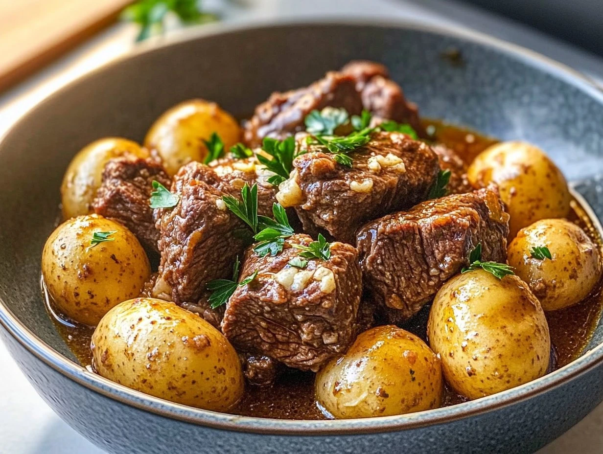 Perfectly cooked Irresistible Slow Cooker Garlic Butter Beef served and ready to eat - final result