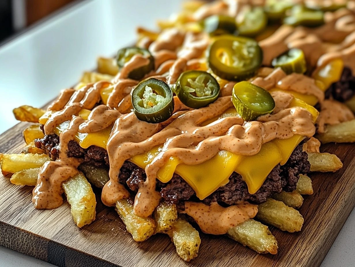 Perfectly cooked Ultimate Loaded Smash Burger Fries served and ready to eat - final result