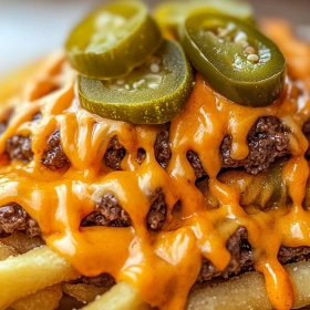 Close-up of Ultimate Loaded Smash Burger Fries showing texture, layers, and glossy finish