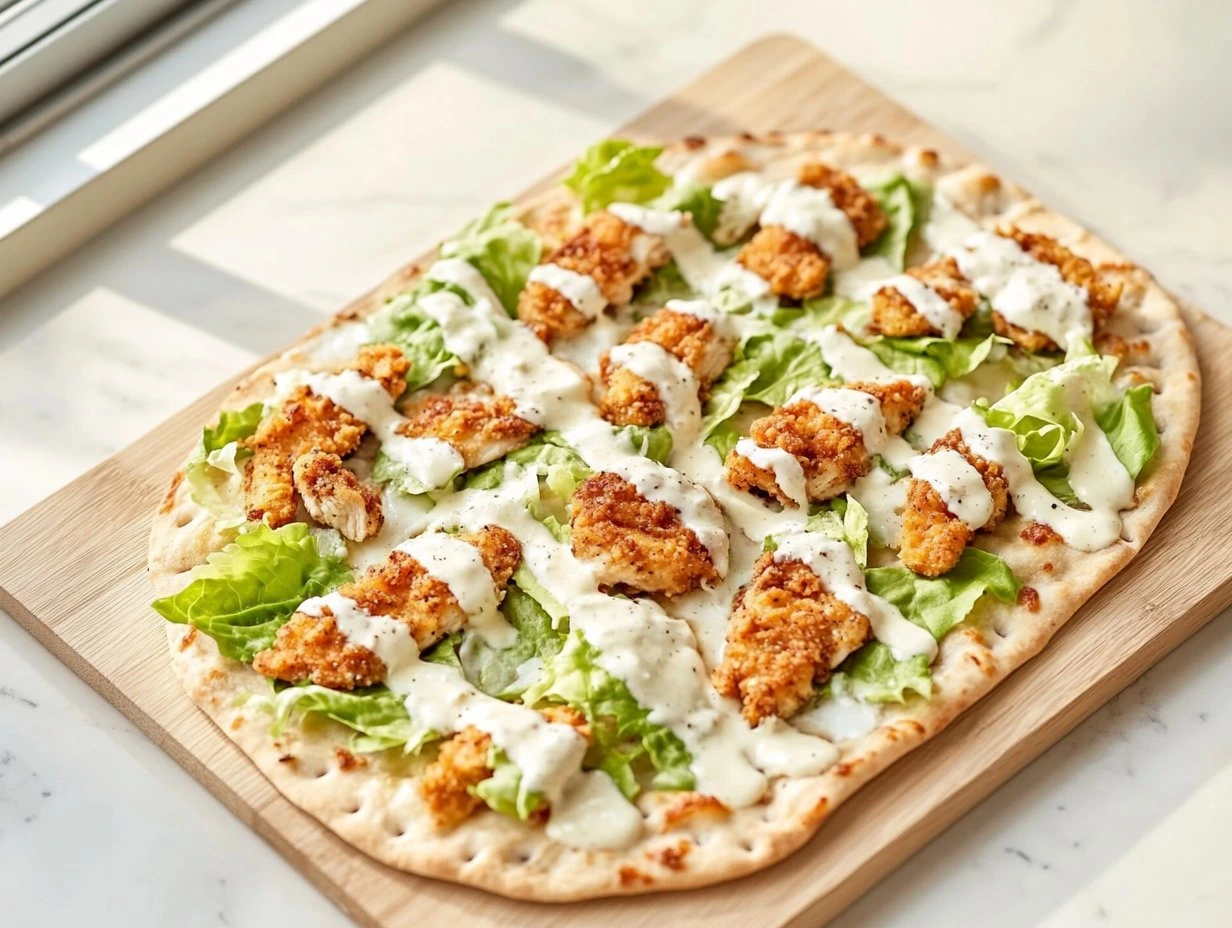 Perfectly cooked Crispy Chicken Caesar Flatbread served and ready to eat - final result