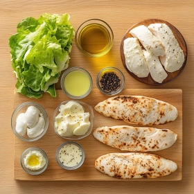 Step-by-step preparation of Crispy Chicken Caesar Flatbread showing ingredients and initial cooking steps
