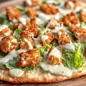 Close-up of Crispy Chicken Caesar Flatbread showing texture, layers, and glossy finish