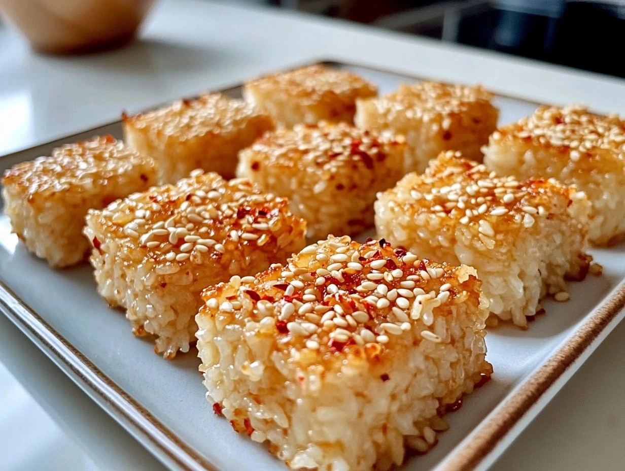 Perfectly cooked Crispy Sesame Rice Bites served and ready to eat - final result