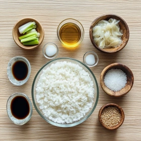 Step-by-step preparation of Crispy Sesame Rice Bites showing ingredients and initial cooking steps