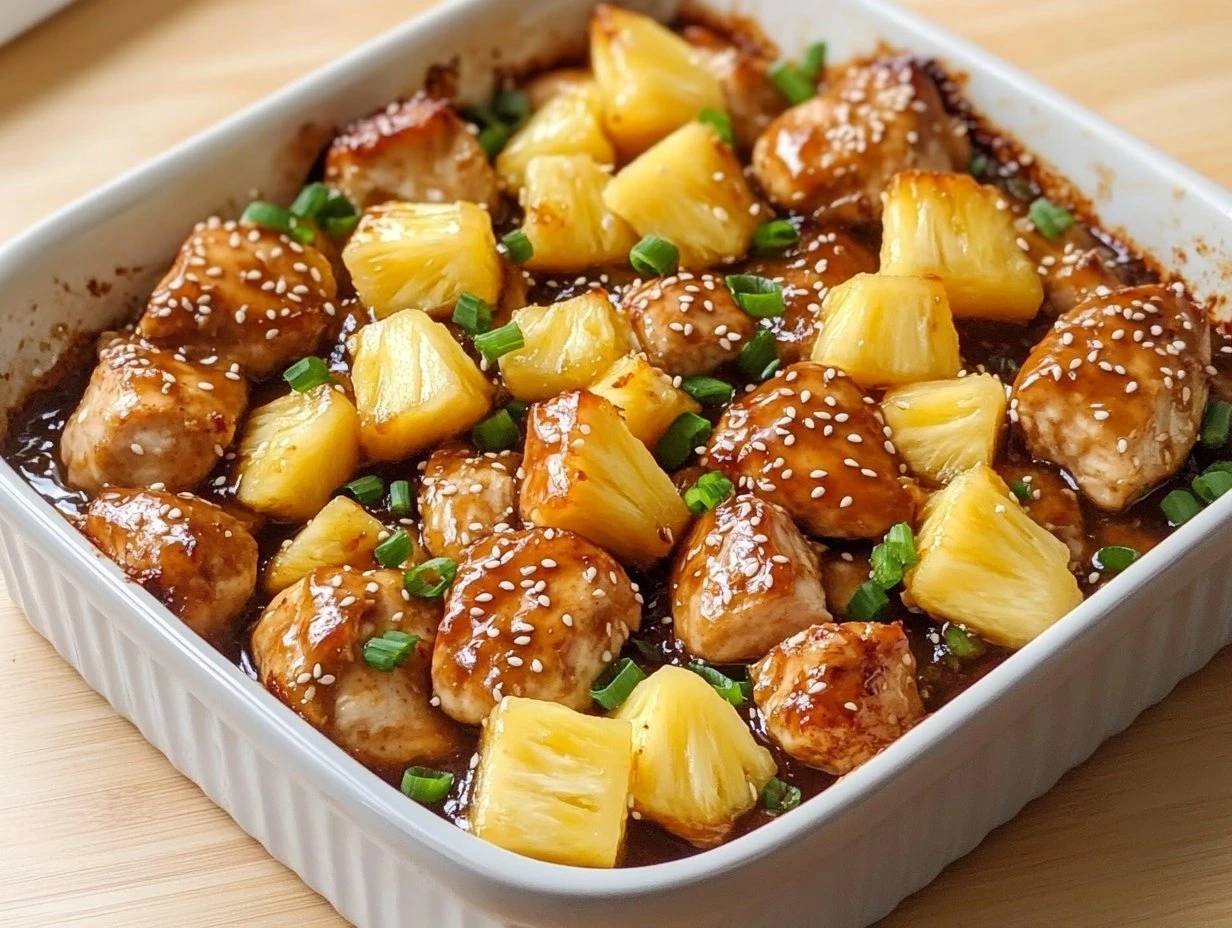 Perfectly cooked Savory Pineapple Chicken Bake served and ready to eat - final result