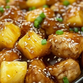 Close-up of Savory Pineapple Chicken Bake showing texture, layers, and glossy finish