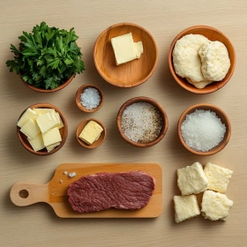 Step-by-step preparation of Garlic Parmesan Cheeseburger Bombs showing ingredients and initial cooking steps