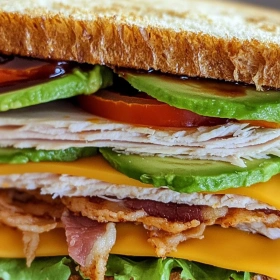 Close-up of Savory Cowboy Club Sandwich showing texture, layers, and glossy finish