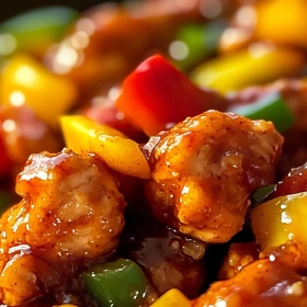 Close-up of Spicy Bell Pepper Chicken Delight showing texture, layers, and glossy finish