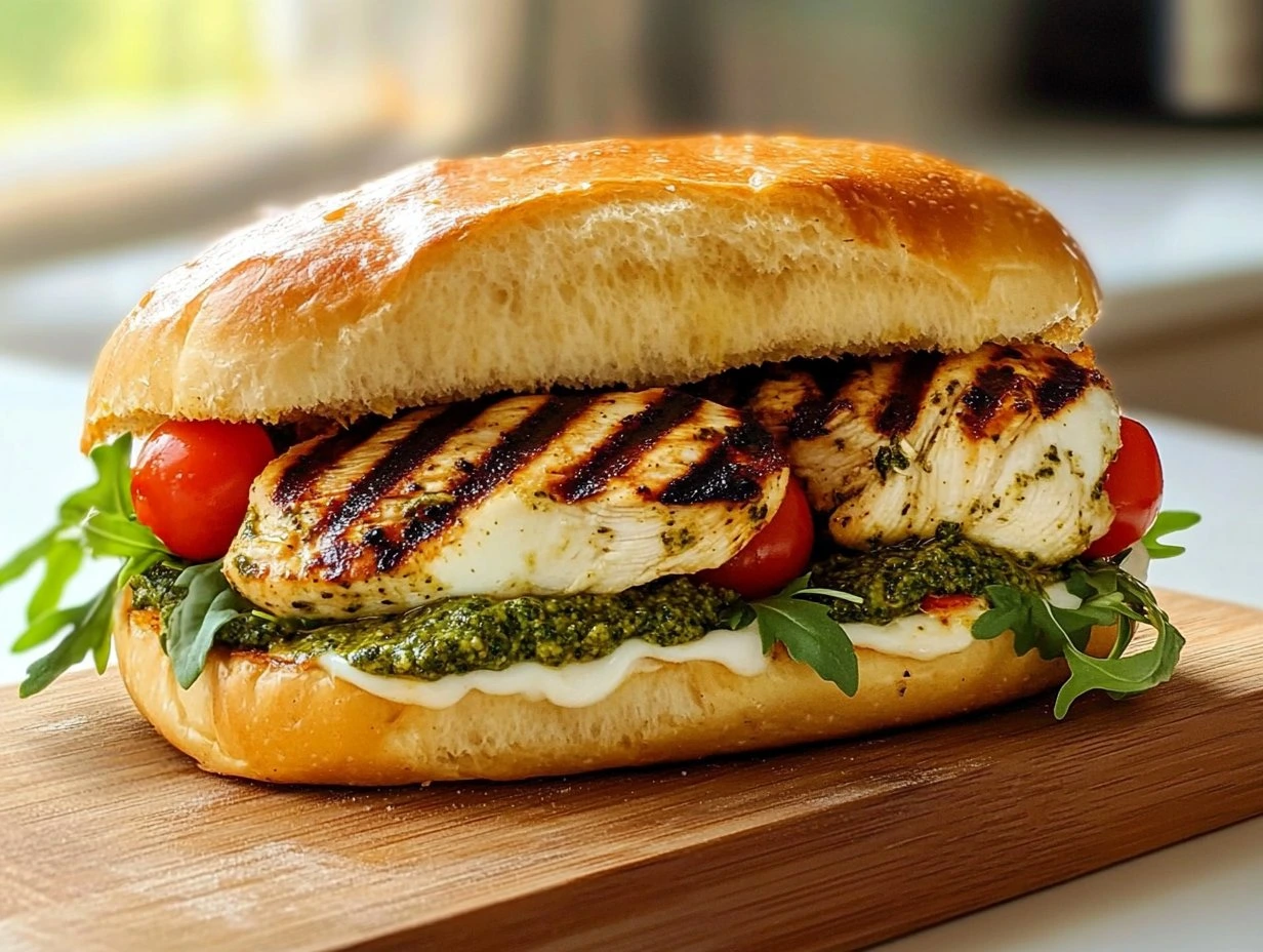 Perfectly cooked Crispy Grilled Pesto Chicken Sandwich served and ready to eat - final result