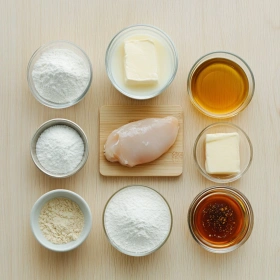 Step-by-step preparation of Spicy Honey Chicken Biscuits showing ingredients and initial cooking steps