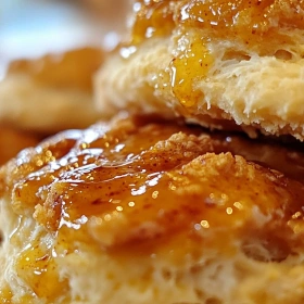 Close-up of Spicy Honey Chicken Biscuits showing texture, layers, and glossy finish