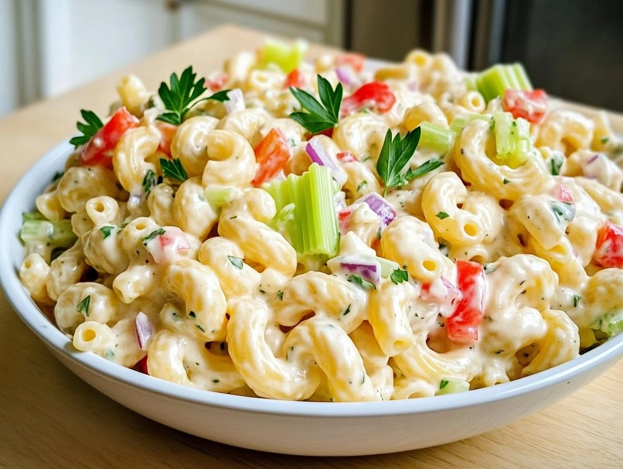 Perfectly cooked Creamy Gordon Ramsay Macaroni Salad served and ready to eat - final result
