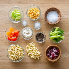 Step-by-step preparation of Creamy Gordon Ramsay Macaroni Salad showing ingredients and initial cooking steps