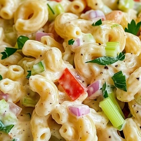 Close-up of Creamy Gordon Ramsay Macaroni Salad showing texture, layers, and glossy finish