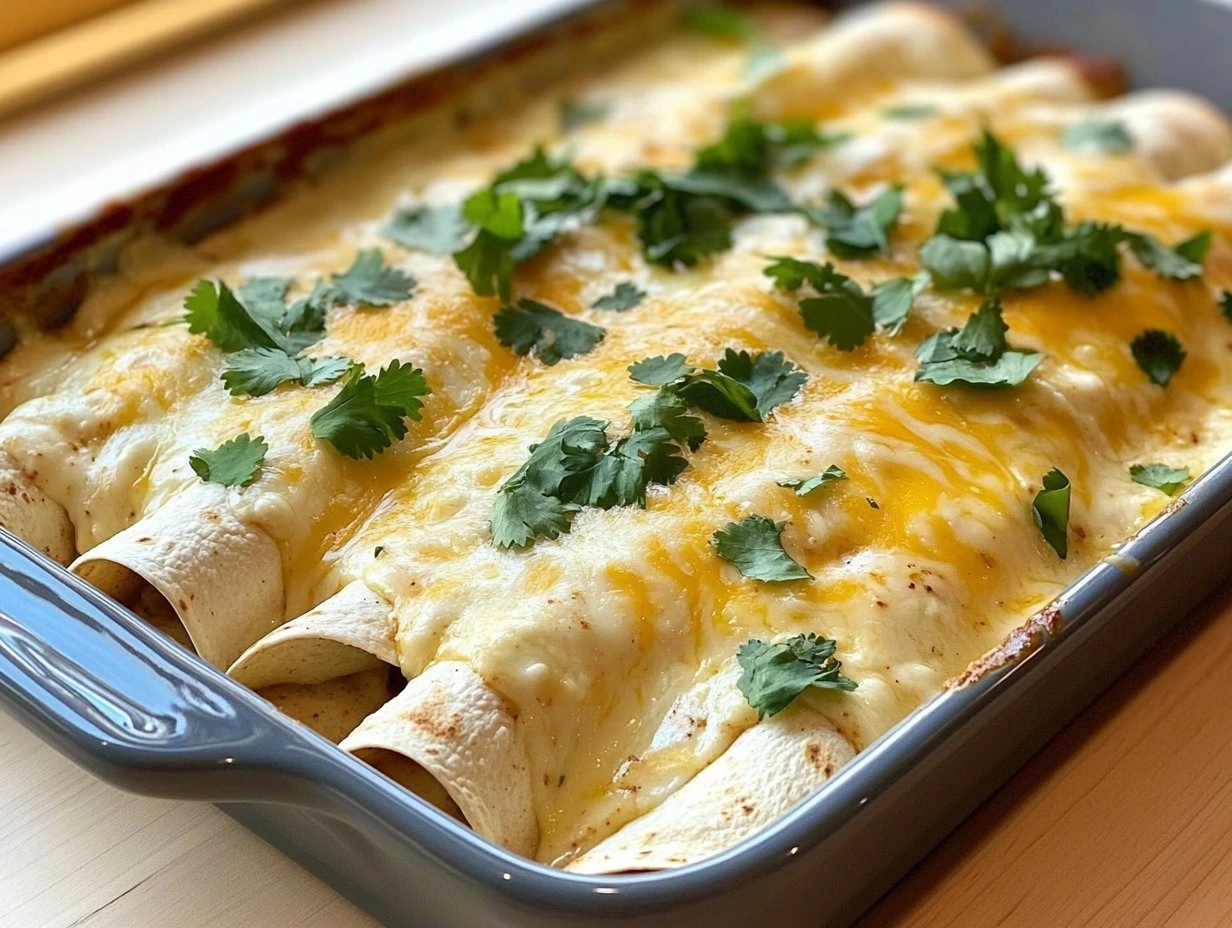 Perfectly cooked Creamy White Chicken Enchiladas served and ready to eat - final result