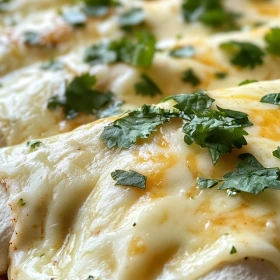 Close-up of Creamy White Chicken Enchiladas showing texture, layers, and glossy finish