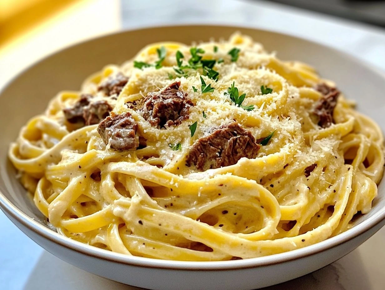 Perfectly cooked Creamy Parmesan Beef Linguine served and ready to eat - final result