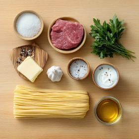 Step-by-step preparation of Creamy Parmesan Beef Linguine showing ingredients and initial cooking steps