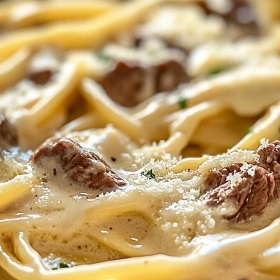 Close-up of Creamy Parmesan Beef Linguine showing texture, layers, and glossy finish