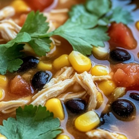 Close-up of Classic Chicken Tortilla Soup showing texture, layers, and glossy finish