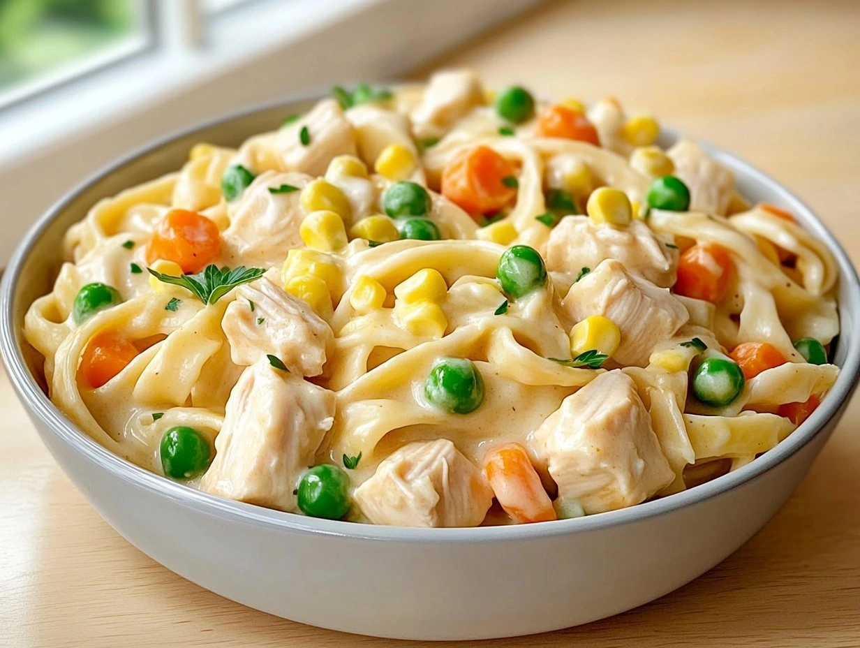 Perfectly cooked Creamy Chicken Pot Pie Pasta served and ready to eat - final result