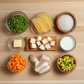 Step-by-step preparation of Creamy Chicken Pot Pie Pasta showing ingredients and initial cooking steps