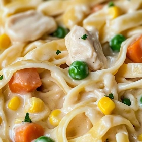 Close-up of Creamy Chicken Pot Pie Pasta showing texture, layers, and glossy finish