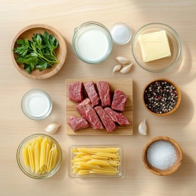 Step-by-step preparation of Creamy Steak Penne Delight showing ingredients and initial cooking steps