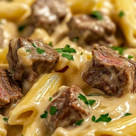Close-up of Creamy Steak Penne Delight showing texture, layers, and glossy finish
