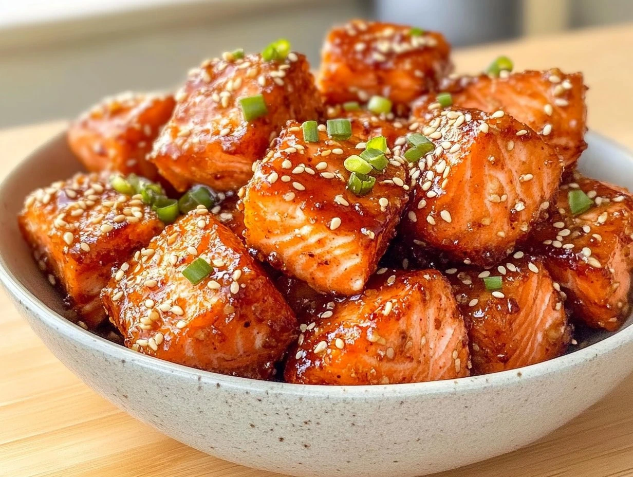 Perfectly cooked Crispy Honey Garlic Salmon Bites served and ready to eat - final result