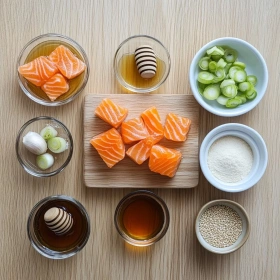 Step-by-step preparation of Crispy Honey Garlic Salmon Bites showing ingredients and initial cooking steps